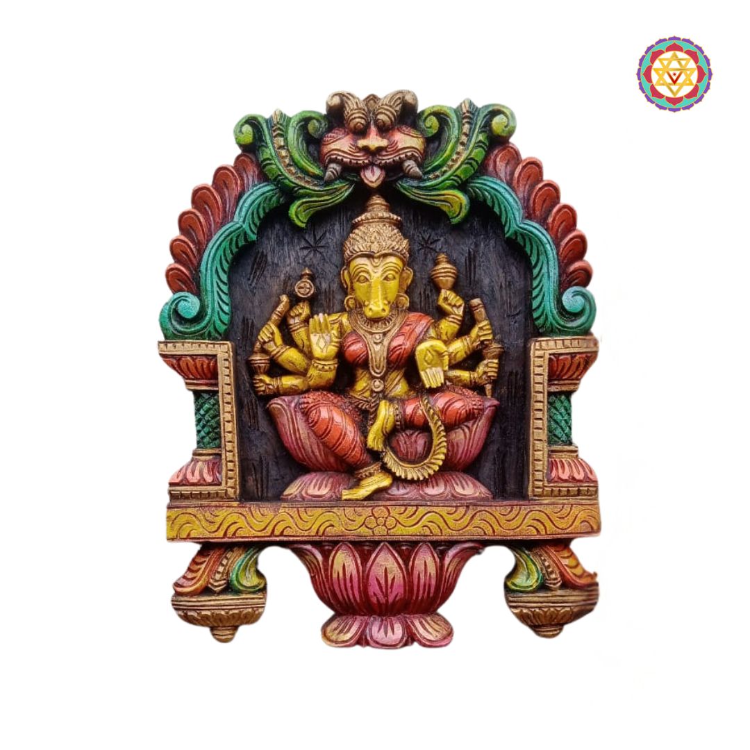close-up of varahi carving with lotus and kirthimukha facial detailing