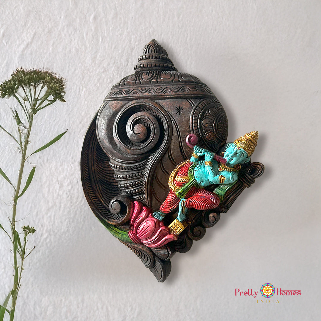 woodcarved conch shankh krishna on lotus hand carved wooden wall frame