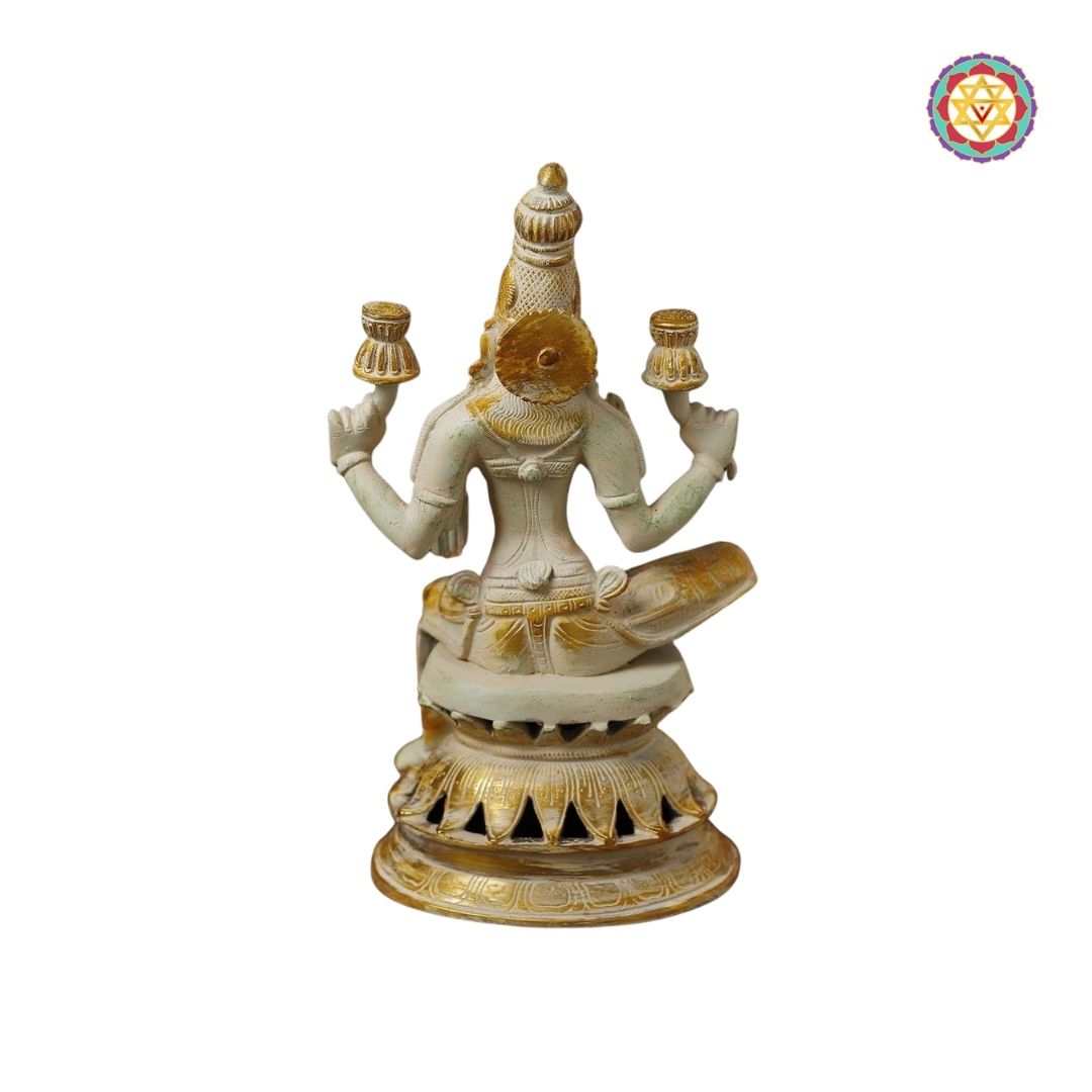 top-angle view of Lakshmi idol with decorative base