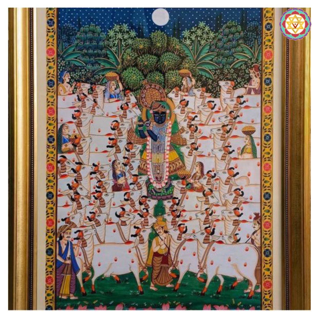 Handpainted gopashtami pichwai artwork with ritual motifs and devotees