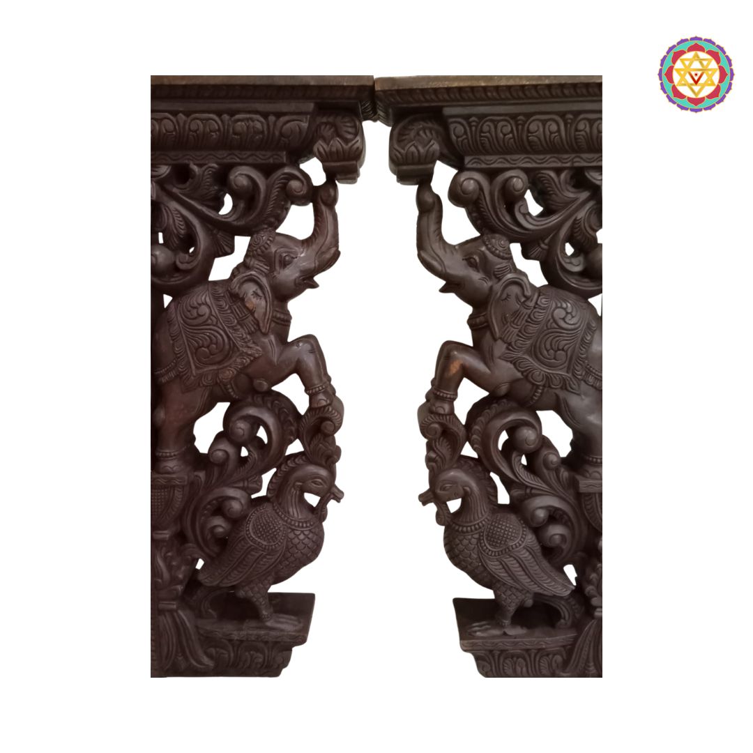 Woodcarved 3” foot trunk up elephants with Annams and vines brackets. (each)