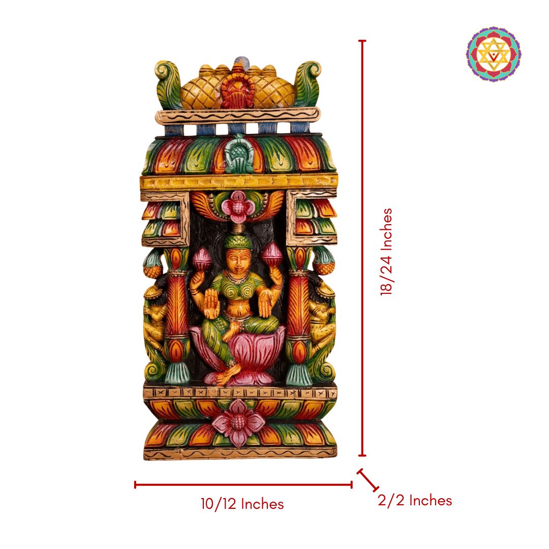 Colorful decorative temple with a figure inside, shown with dimensions on a white background: carved Laxmi wooden wall panel