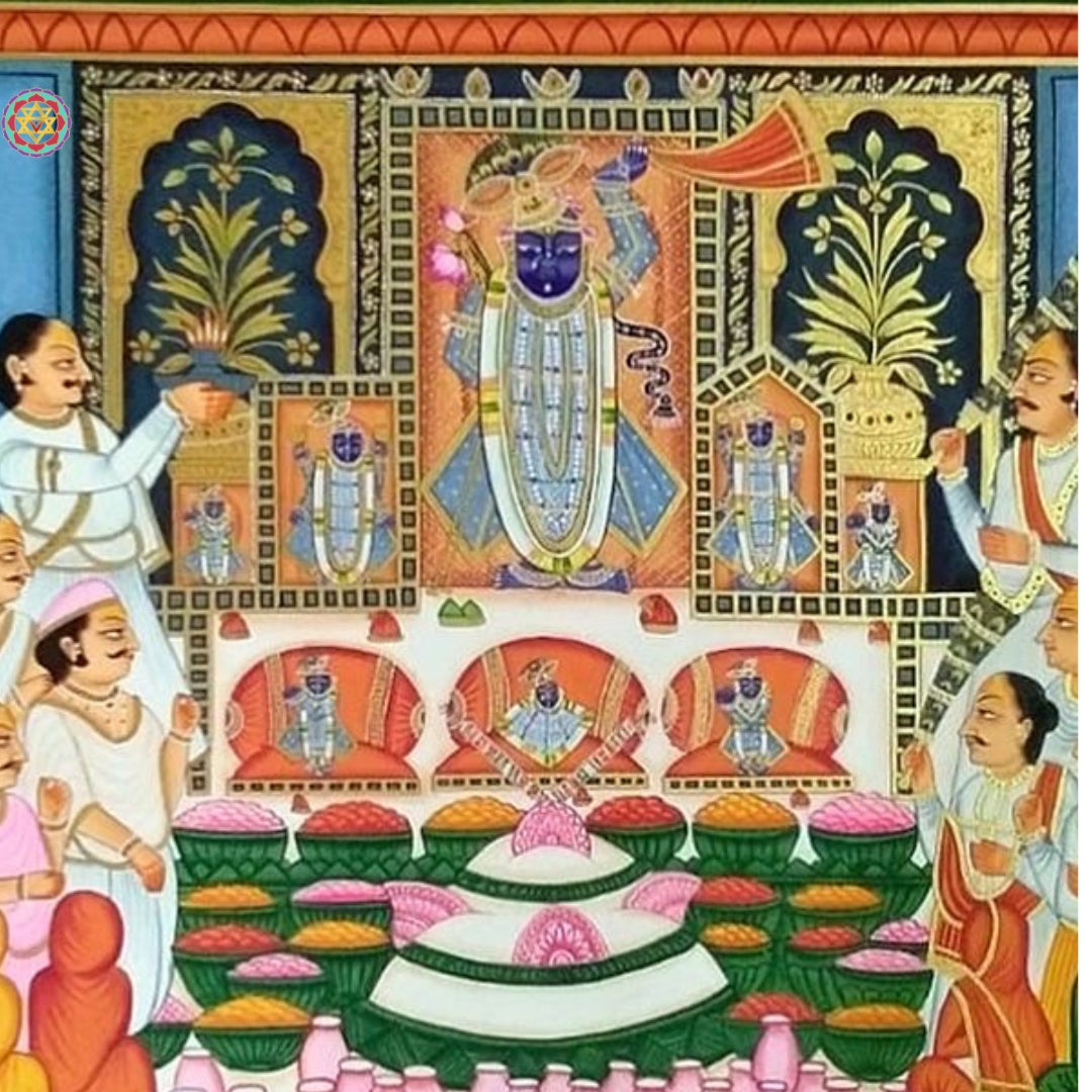 Folk-inspired Pichwai art illustrating Krishna with cowherds in serene natural landscape