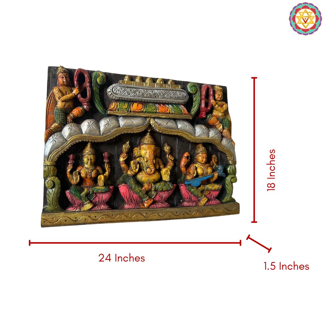 Decorative wall panel with figures and measurements on a white background. Dimension image of 24" × 18" wooden carved wall panel