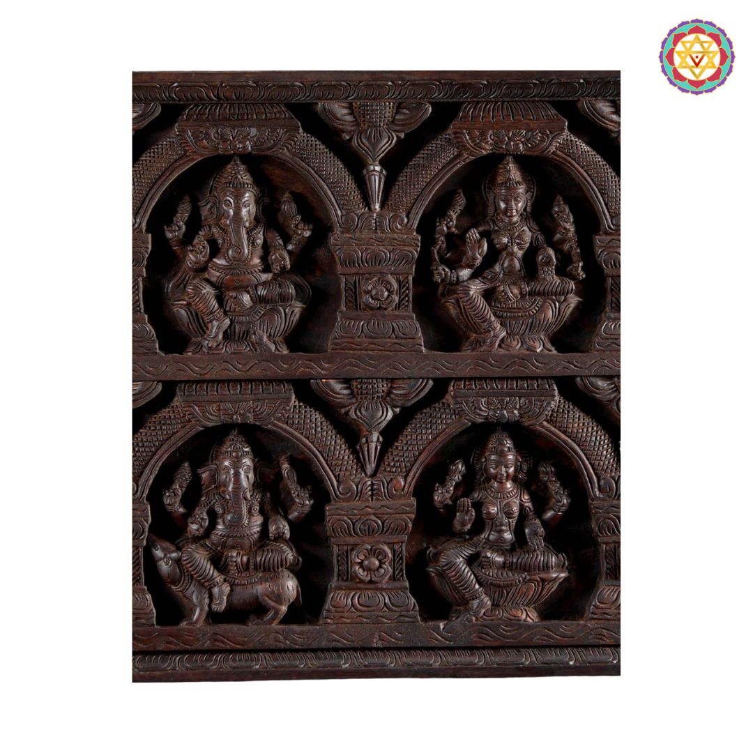 Handcarved horizontal panel Exquisite Ganesha & Lakshmi Panel – Adorned with Graceful Peacocks
