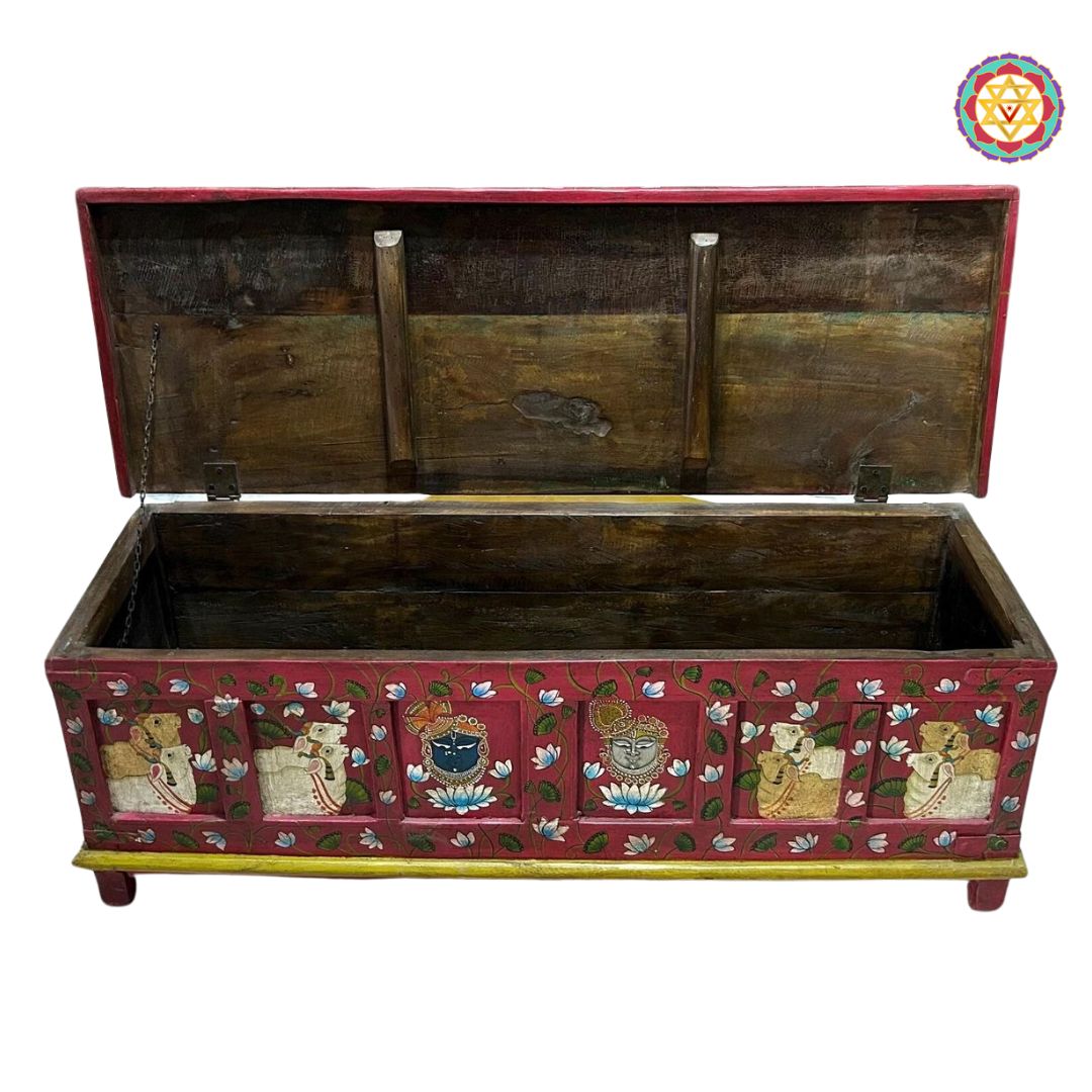 pichwai wooden trunk table artistic detailing handcrafted