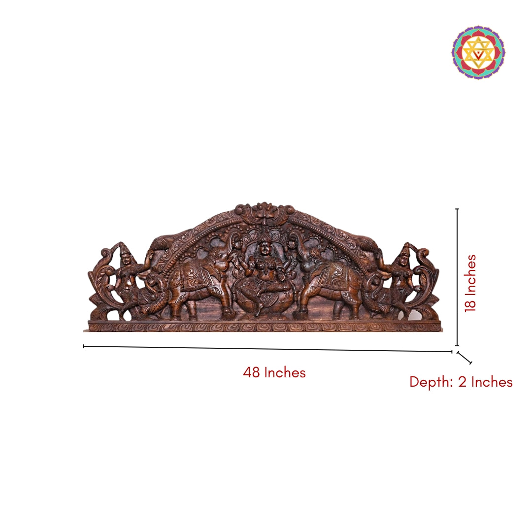 Horizontal Gajalakshmi wooden wall panel with lotus and elephants with dimention