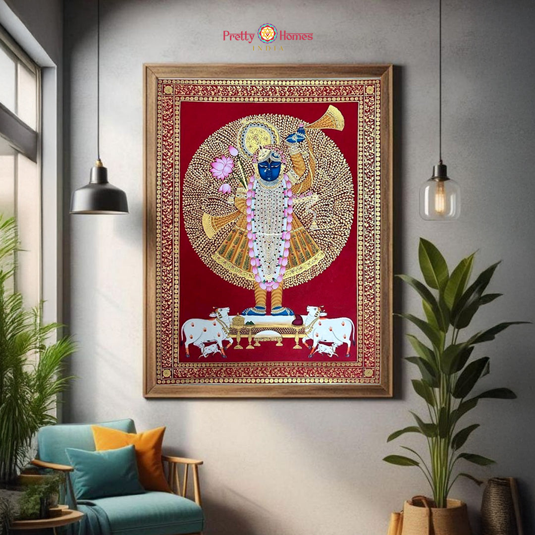 Shrinathji Pichwai under the Tree of Life red and gold artwork