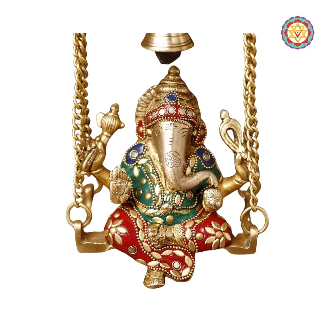 Brass Ganesh Jhula on Swing with Bell, Stone Work, 15”