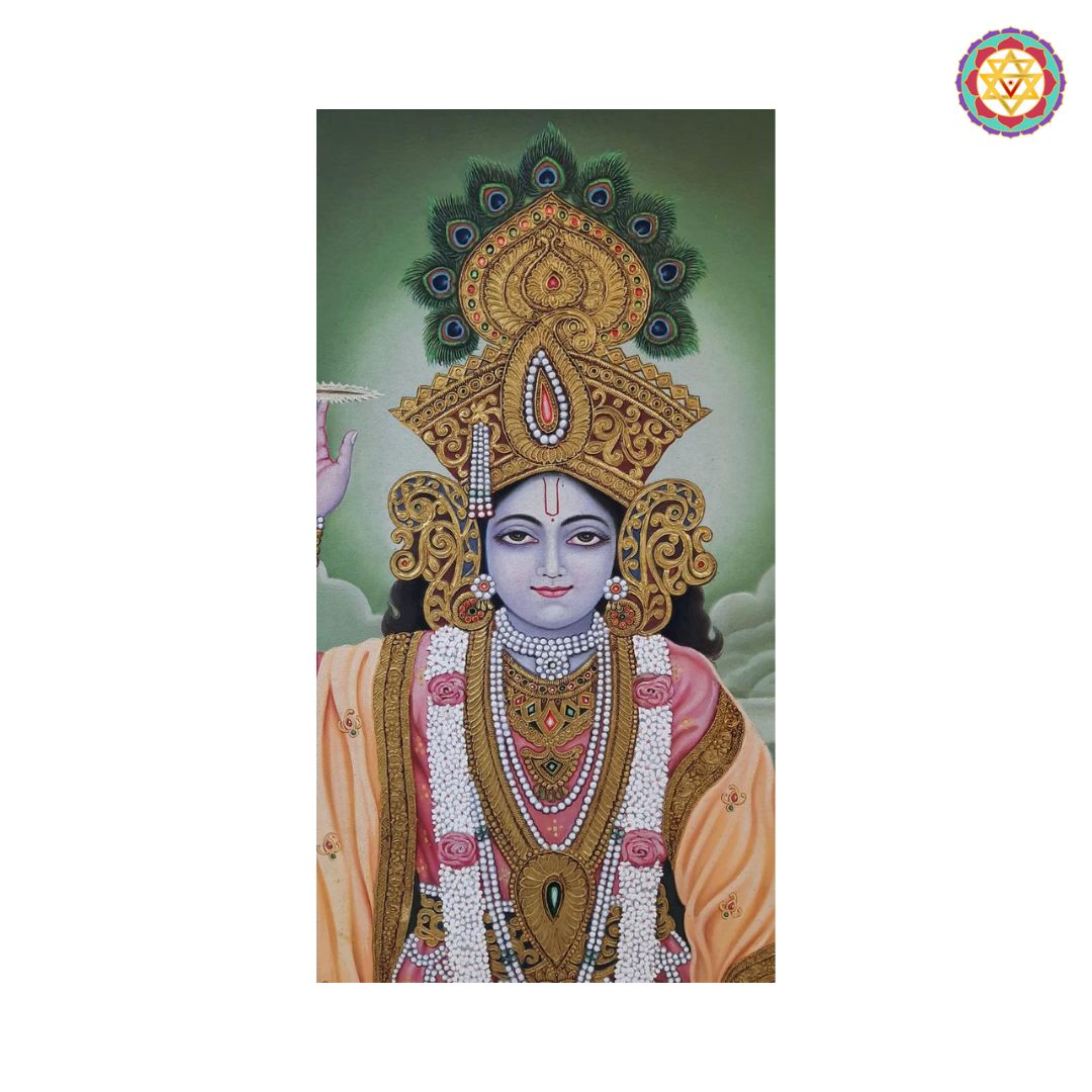 Closeup detailing of Mahavishnu holding chakra handpainted art