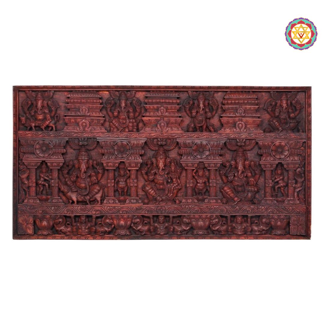 Handcrafted deity motifs surrounding Ganesha figures