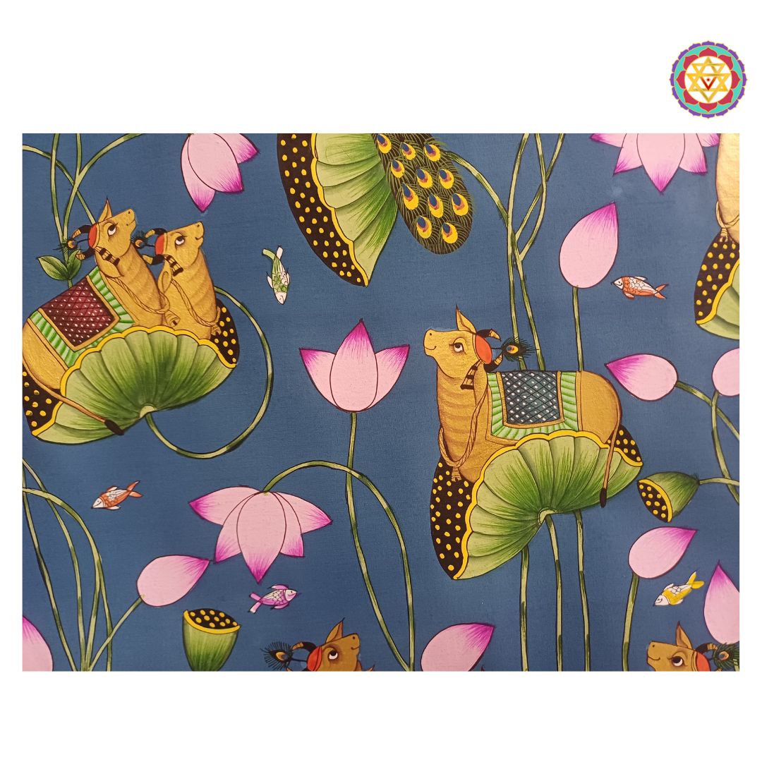 pichwai detailing of cows, lotus flowers and shreenathji