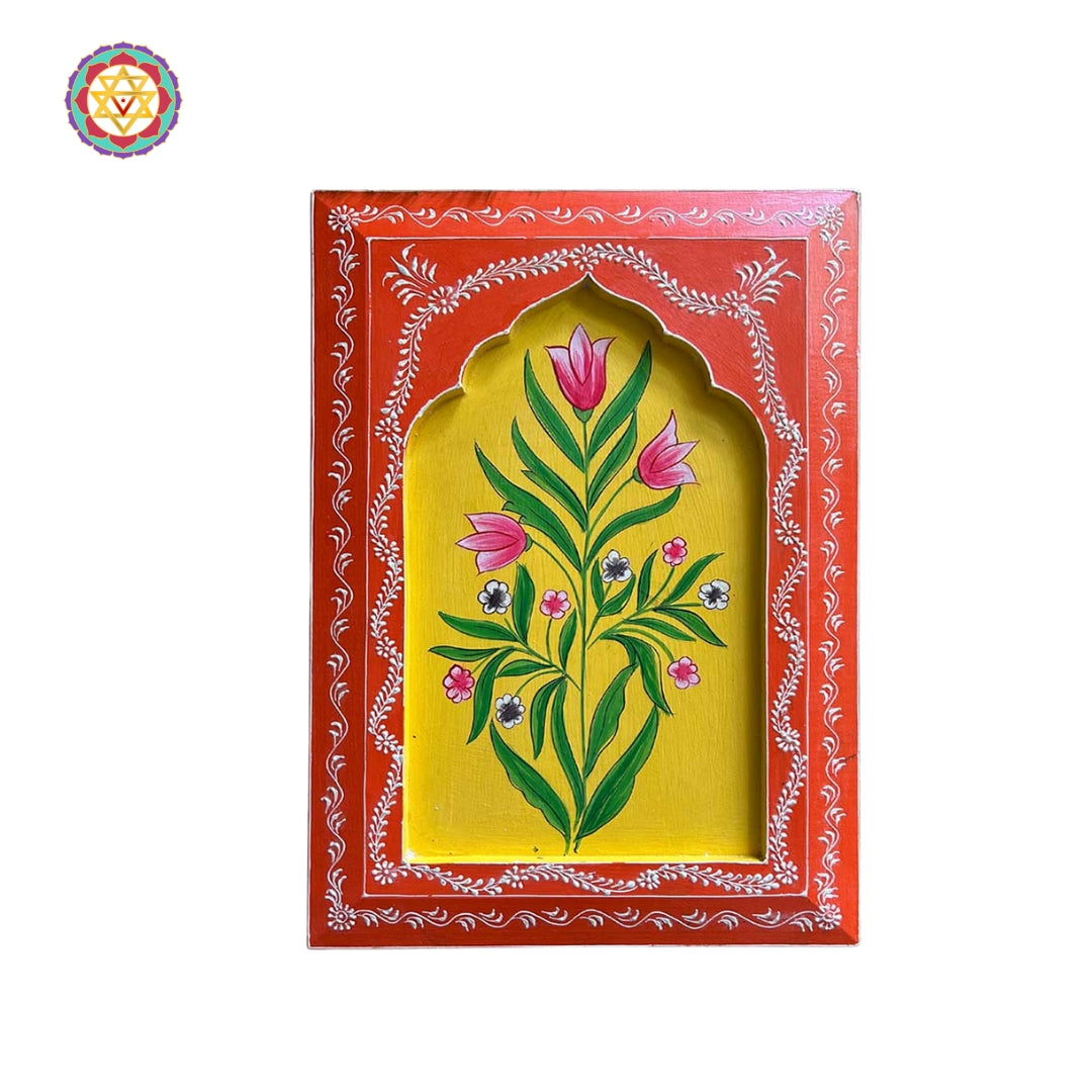 Hand-painted Pichwai artwork showing Krishna playing flute surrounded by cows and devotees