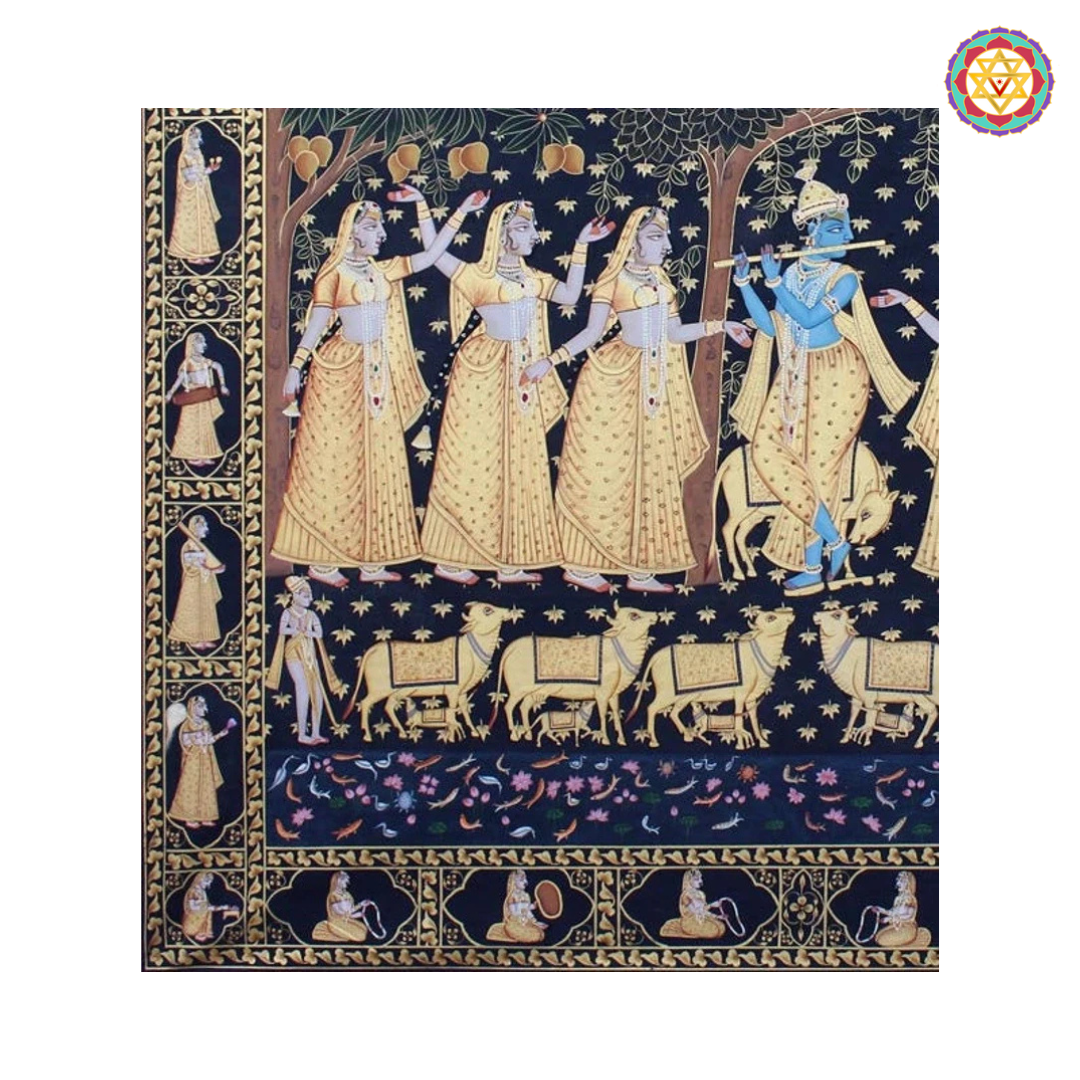 Angle view of Krishna Raas handpainted Pichwai artwork