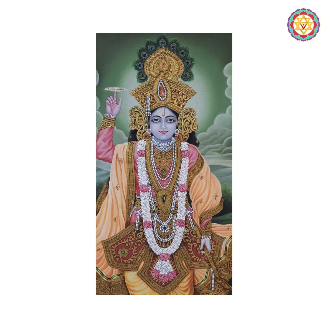 Angle view of Mahavishnu divine artwork with floral border