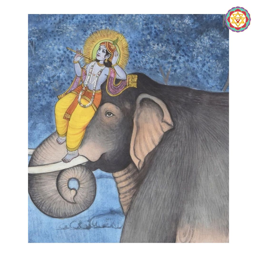 angled view highlighting elephants and krishna motifs in pichwai