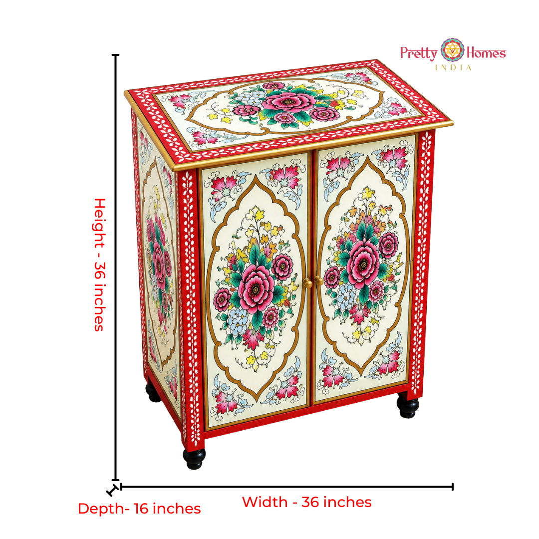 Handpainted Wooden Storage Cabinet / Sideboard with Floral Arches