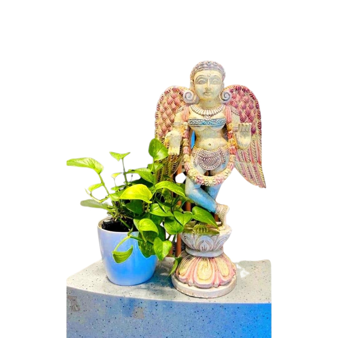 Woodcarved Gandharva /Indian Angel sculpture  Mounted on carved wooden stand (Single)