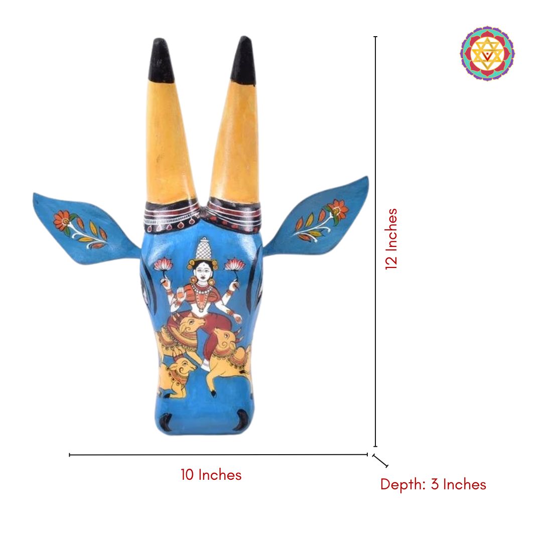 Decorative wooden wall-mounted cow head with antique finish and hooks