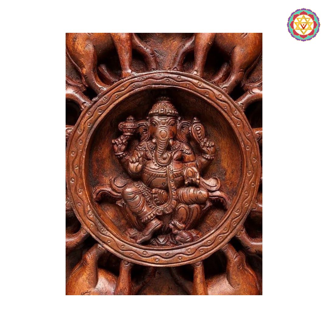 24” Woodcarved Circle of Elephants with Ganesha – Wall Frame / Hanging Decor