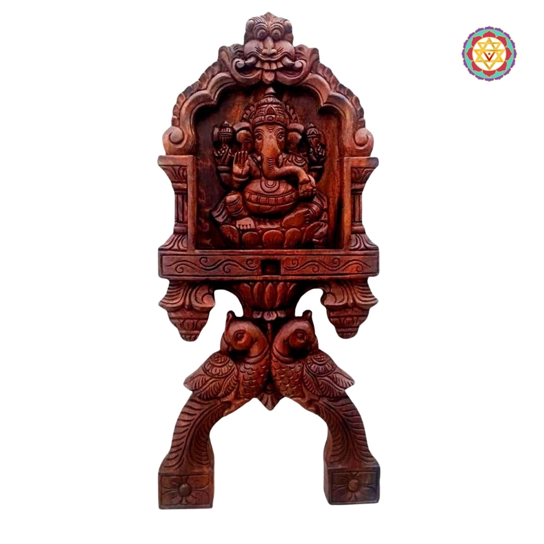 Woodcarved Ganesha & Laxmi kavadi style wall mounts with parrot carvings .