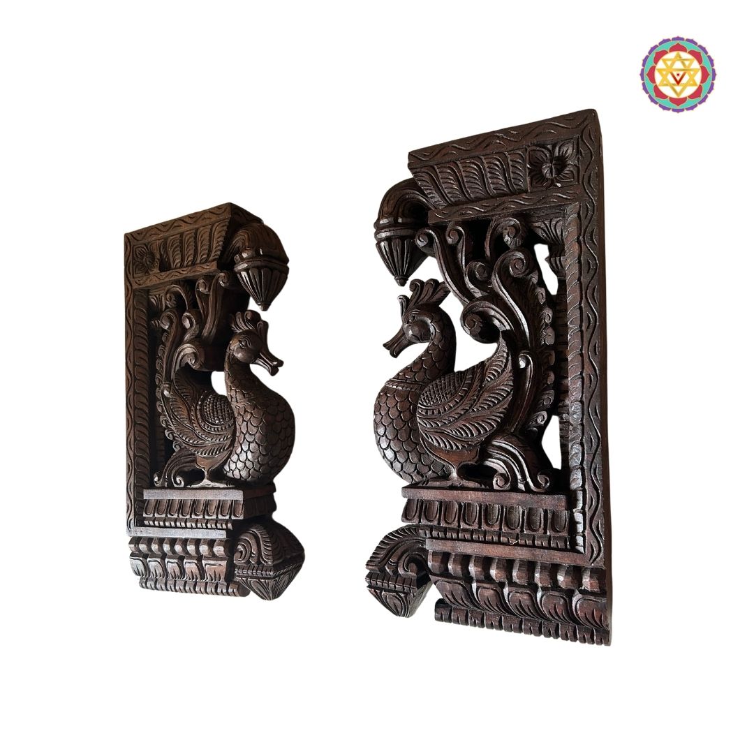 Close-up of handcrafted wooden annam brackets mounted on display
