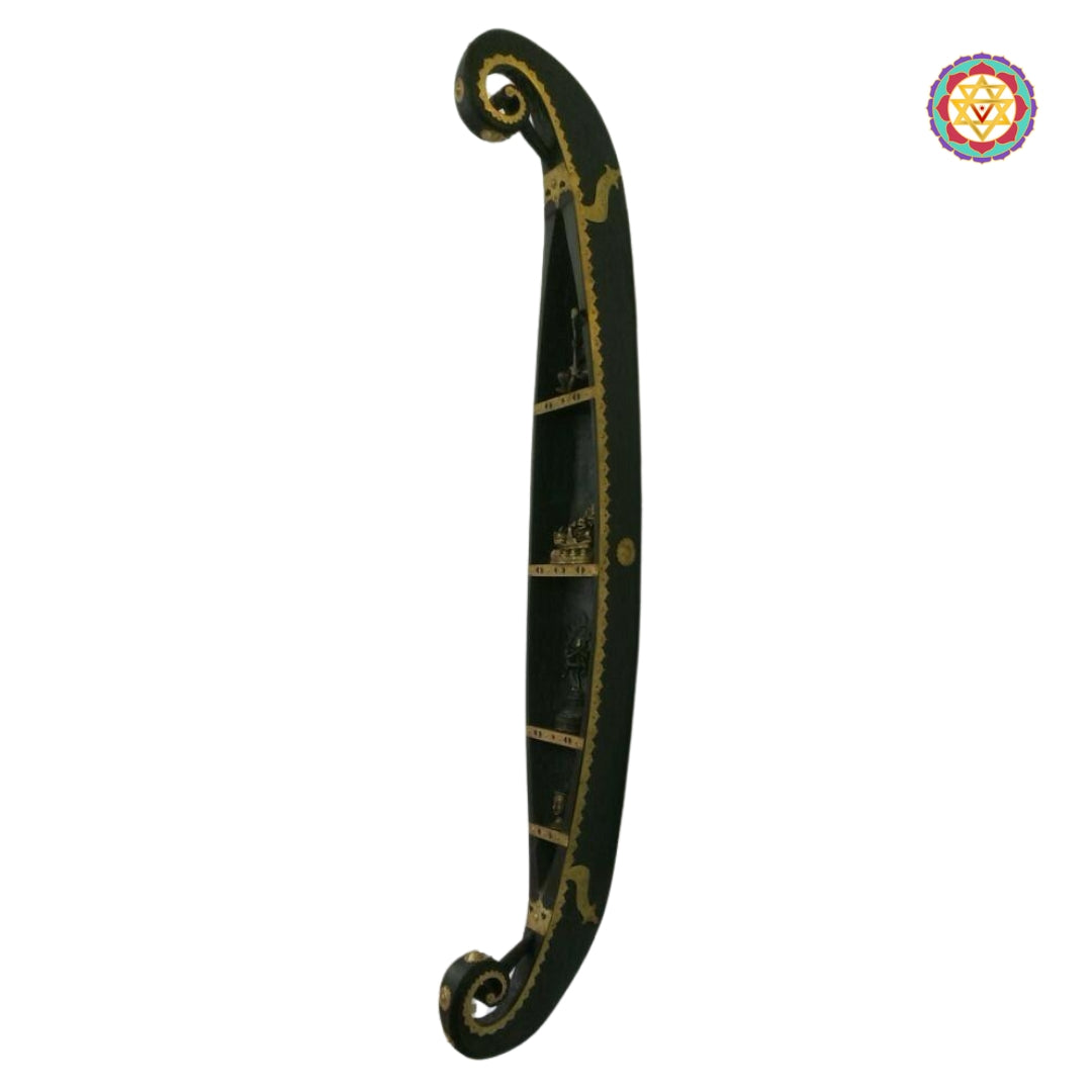 boat shaped wooden wall shelf with brass detailing for living room decor