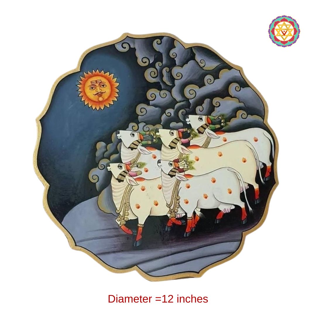 hand-painted petal-shaped pichwai plate with cows under the sun, traditional motif and radiant colors