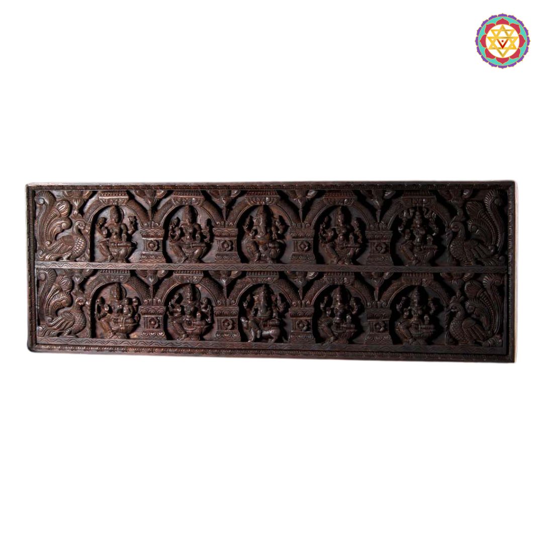 Handcarved horizontal panel Exquisite Ganesha & Lakshmi Panel – Adorned with Graceful Peacocks