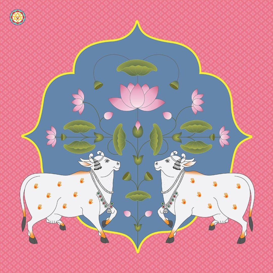 Front view of Pichwai cows and lotus painting — intricate handwork symbolizing divine purity and prosperity