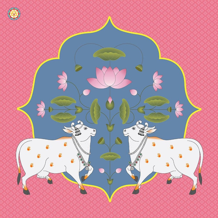 Front view of Pichwai cows and lotus painting — intricate handwork symbolizing divine purity and prosperity