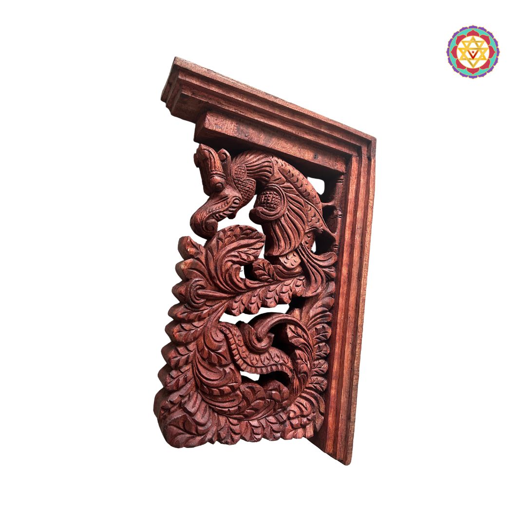 hand carved yali with bird accents presented in vintage wood patina