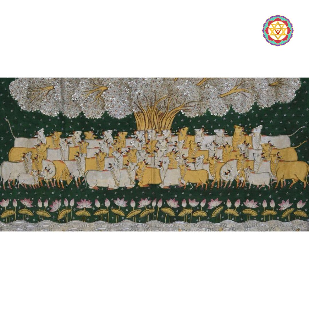 vintage-style hand-painted pichwai of cows under the tree of life, kalpvruksha theme with symbolic traditional art