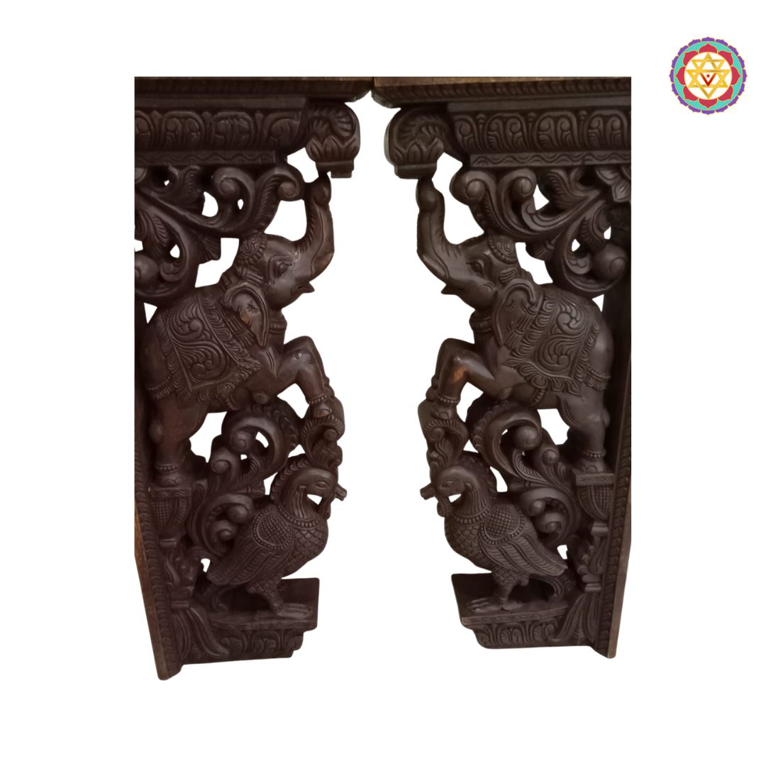 Woodcarved 3” foot trunk up elephants with Annams and vines brackets. (each)