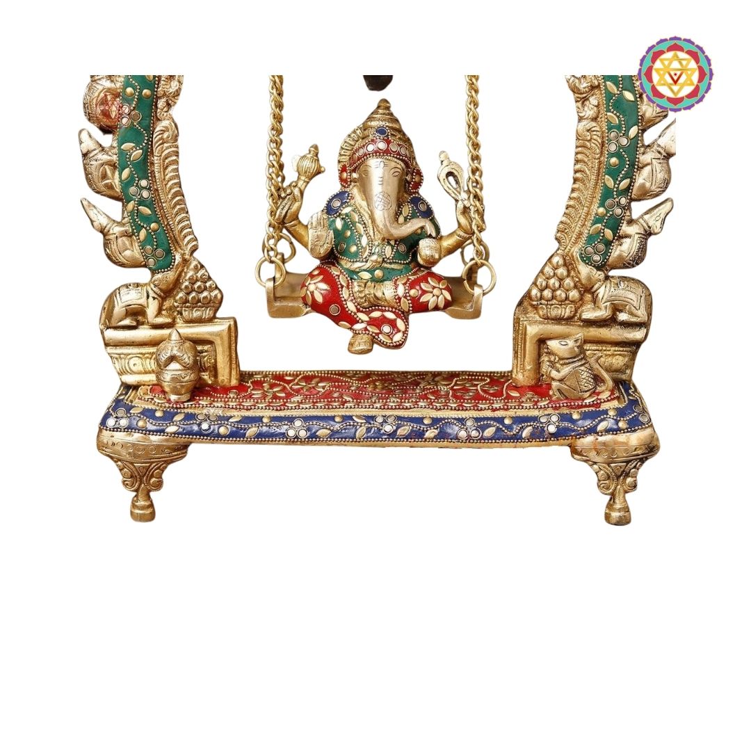 Brass Ganesh Jhula on Swing with Bell, Stone Work, 15”