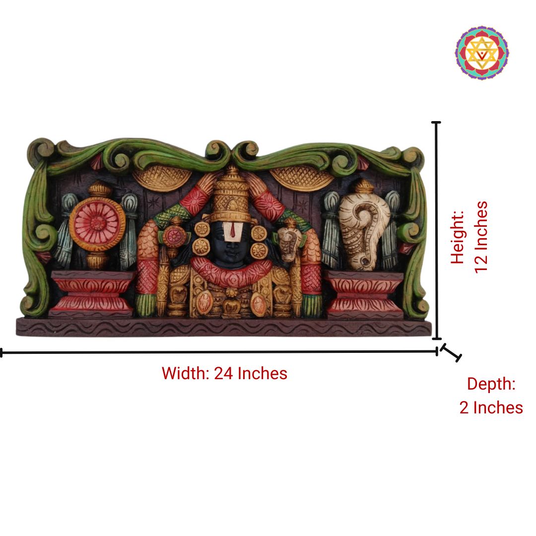 tirupati balaji carved panel full view showing shankh and chakra motifs with multicolour handcarved detailing