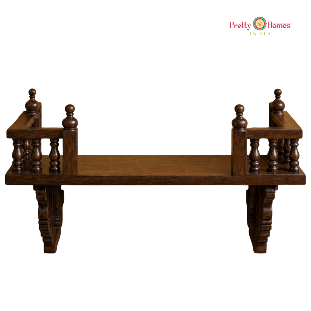 Woodcarved Chettinad-Style Temple Deep Gopuram with Bells & Shelf
