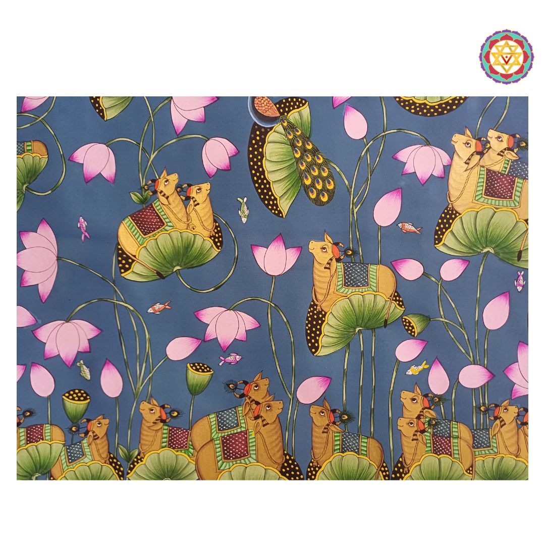 hand-painted shreenathji pichwai painting -Blue Lotus Pond with Cows