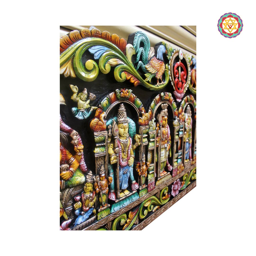wood carved kartikeya panel with detailed temple architecture