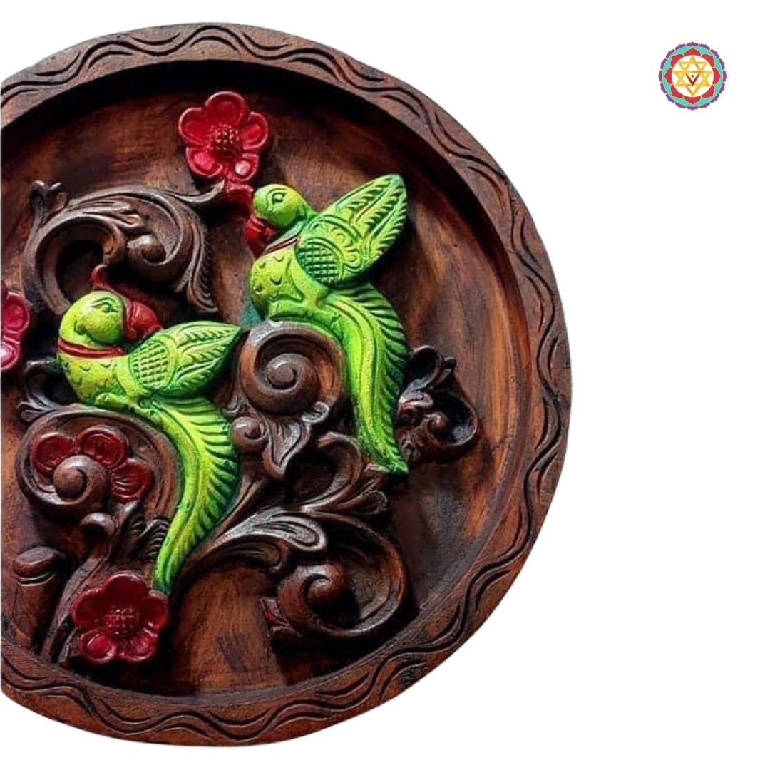 Indian wooden wall art with detailed parrot and petal design