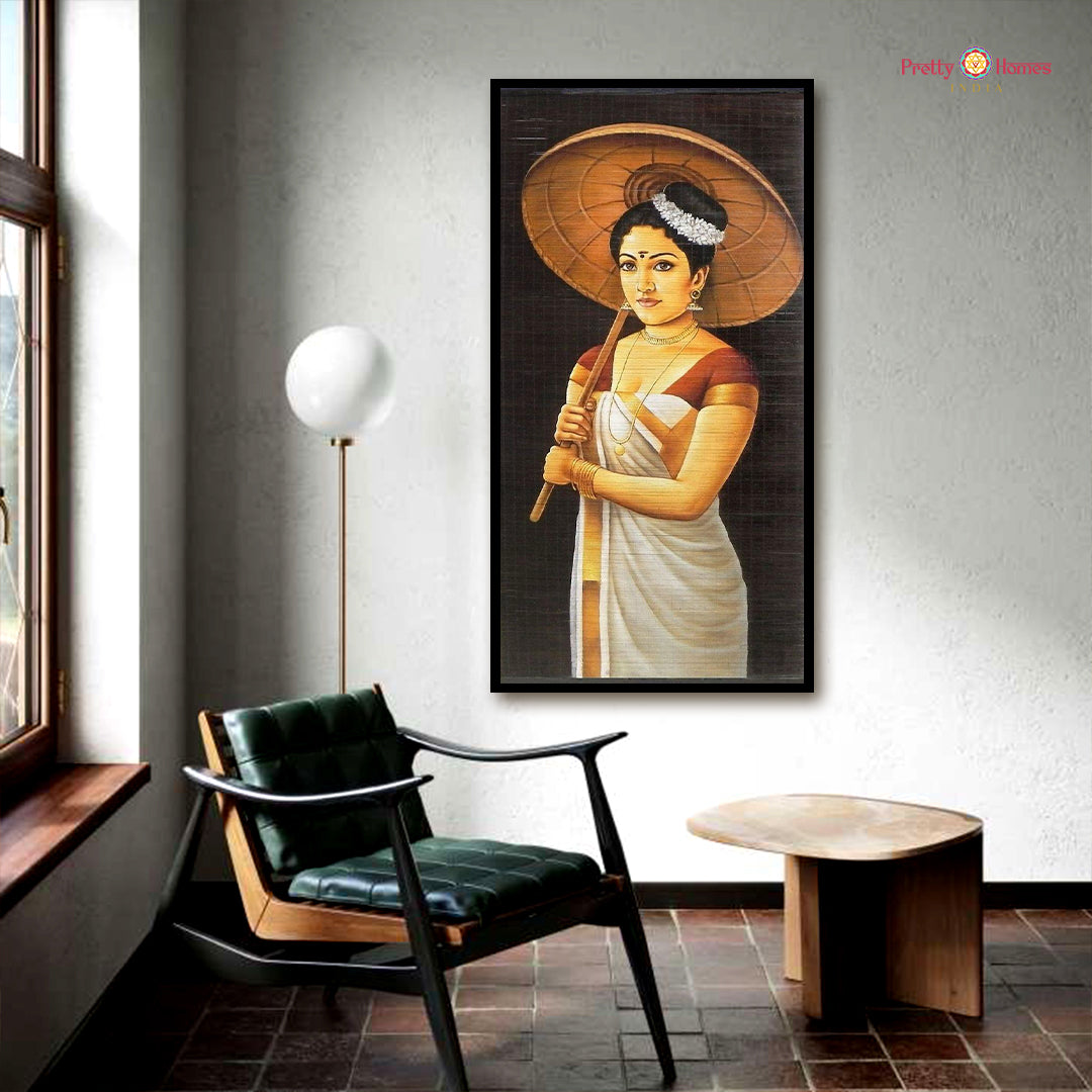 Handpainted Kerala beauty artwork in traditional kasavu attire
