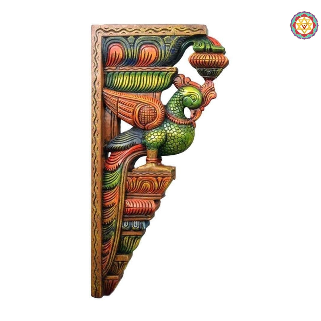 Full view of wooden parrot wall brackets showing symmetrical design and floral base carvings