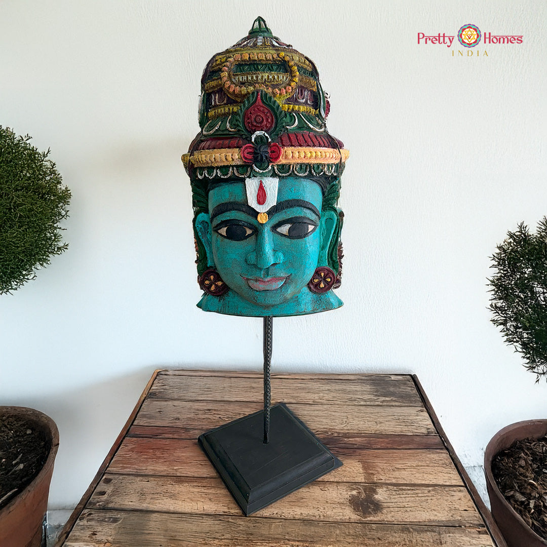 Table top Vishnu wooden mask on iron stand