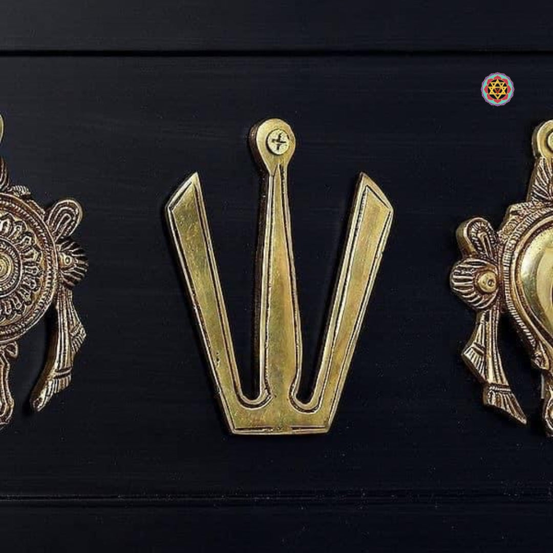 Brass Vishnu chakra and conch — traditional handcrafted wood frame art