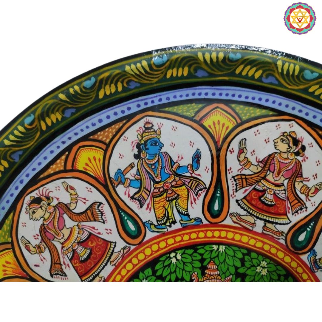 close up krishna raas plate pattachitra detailed brush strokes