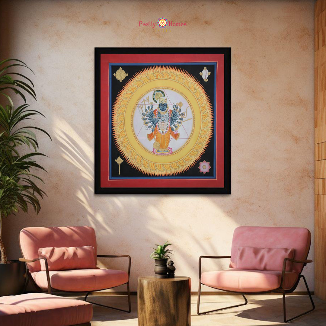 Front view of Sudarshan Chakra Pichwai painting showing intricate gold detailing and divine symmetry