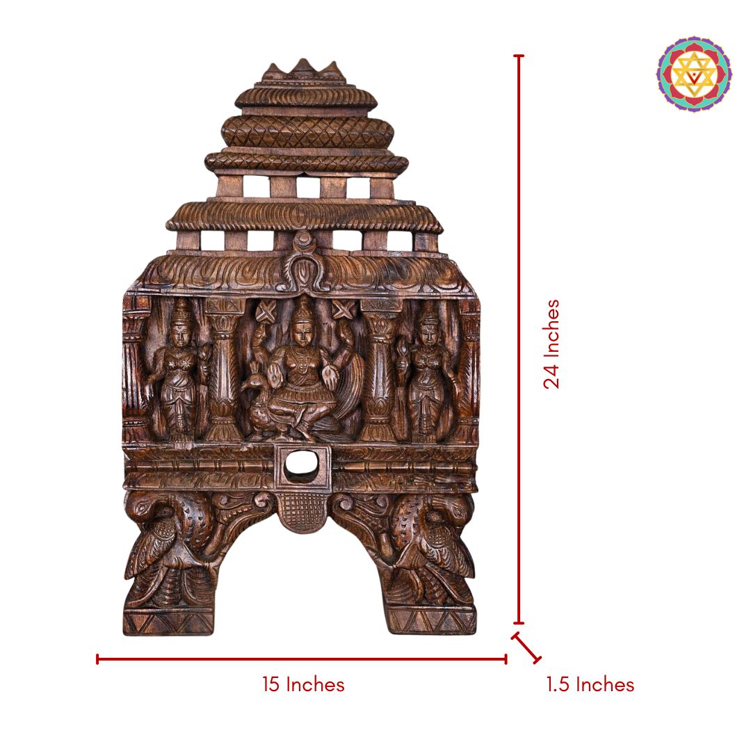 Carved wooden temple sculpture with dimensions on a white background. Dimension image of 24" × 15" carved wooden kavadi panel