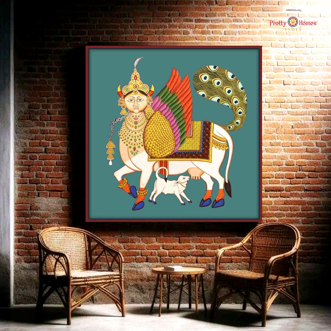 Pichwai depiction of sacred cows with pastoral motifs representing abundance and divine protection