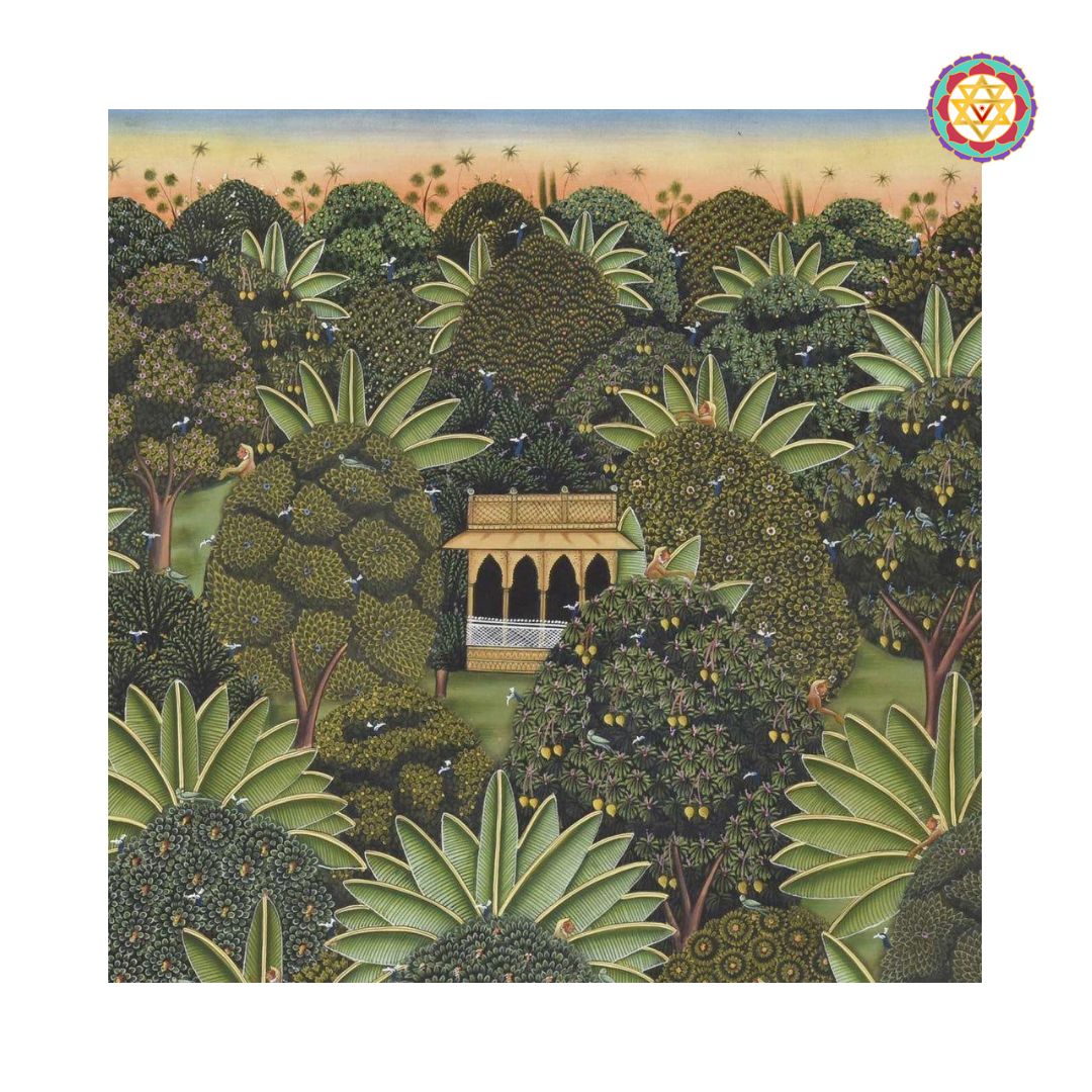 Close-up of Van Vihar pichwai artwork with intricate tree patterns and a traditional pavilion.