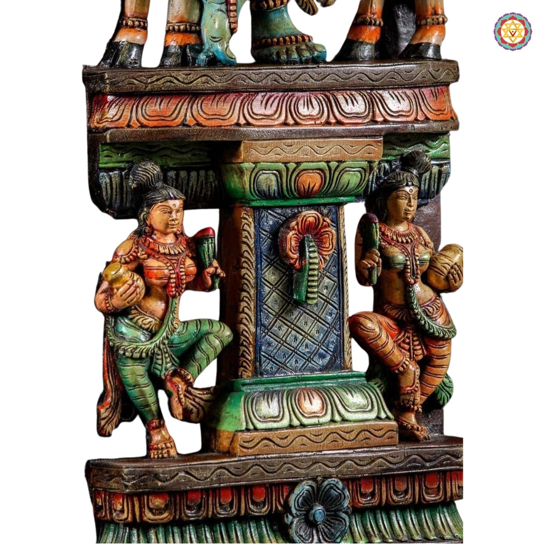 Handcarved Wooden Gopal Krishna Panel Canopy  Sculpture with Playful Cow and Two Gopis.